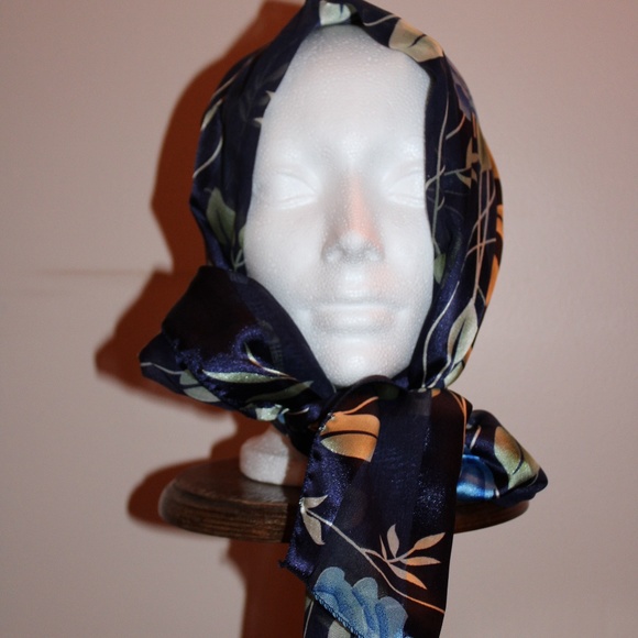 Vintage Navy Blue Floral Rose Print Rectangular Long Satin Scarf - Picture 2 of 4